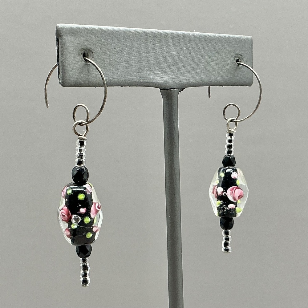 Earrings Black Pink Glass Beaded‎ Dangle Drop Floral Jewelry Womens Fashion 2"